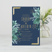 熱帯海軍ブルー金ゴールドグリッター結婚フローラ 招待状 (スタンド正面)