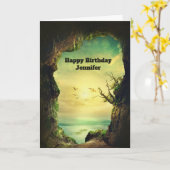 熱帯海風光明媚な洞窟見下ろす誕生日 カード (黄色い花)