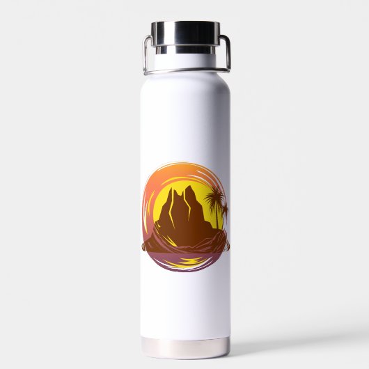 熱帯火山の風景とヤシの木が入ったバッジ ウォーターボトル (背面)