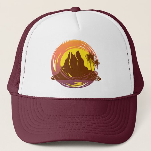 熱帯火山の風景とヤシの木が入ったバッジ キャップ (正面)