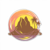 熱帯火山の風景とヤシの木が入ったバッジ シール (正面)