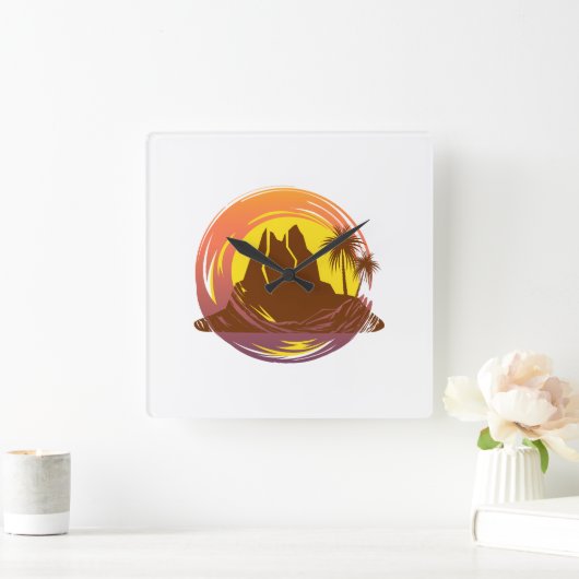 熱帯火山の風景とヤシの木が入ったバッジ スクエア壁時計 (ホーム)