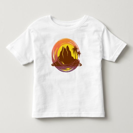 熱帯火山の風景とヤシの木が入ったバッジ トドラーTシャツ (正面)