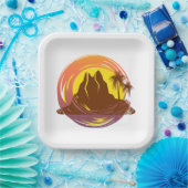 熱帯火山の風景とヤシの木が入ったバッジ ペーパープレート (パーティー)