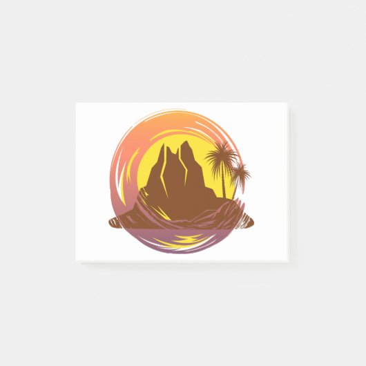 熱帯火山の風景とヤシの木が入ったバッジ ポストイット (正面)