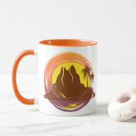 熱帯火山の風景とヤシの木が入ったバッジ マグカップ