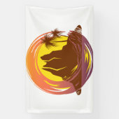 熱帯火山の風景とヤシの木が入ったバッジ 横断幕 (縦)