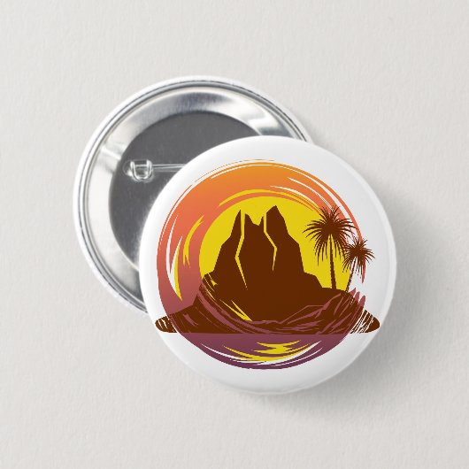 熱帯火山の風景とヤシの木が入ったバッジ 缶バッジ (正面&裏面)