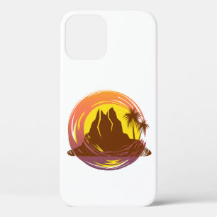 熱帯火山の風景とヤシの木が入ったバッジ iPhone 12 PROケース