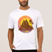 熱帯火山の風景とヤシの木が入ったバッジ Tシャツ (正面)