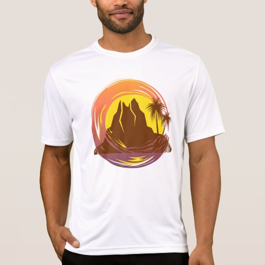 熱帯火山の風景とヤシの木が入ったバッジ Tシャツ (正面)
