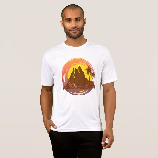 熱帯火山の風景とヤシの木が入ったバッジ Tシャツ (正面フル)