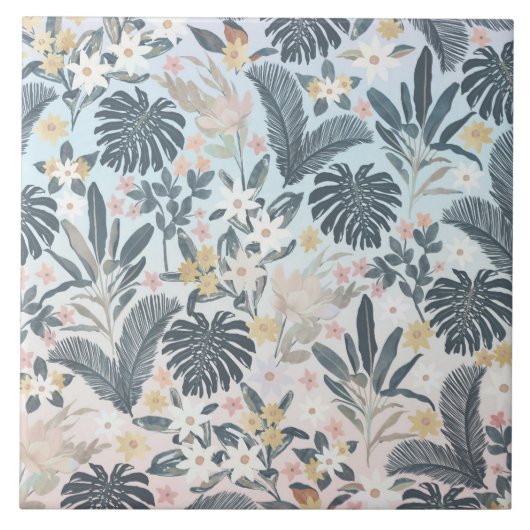 熱帯灰色金ゴールド茎葉花パターン タイル (正面)