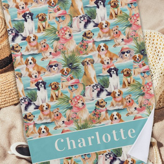 熱帯犬カラフル夏がパーソナライズされたかわいい ビーチタオル