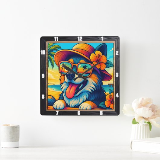 熱帯犬サングラス漫画 スクエア壁時計 (ホーム)