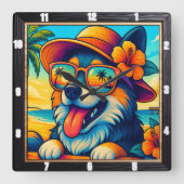 熱帯犬サングラス漫画 スクエア壁時計 (正面)