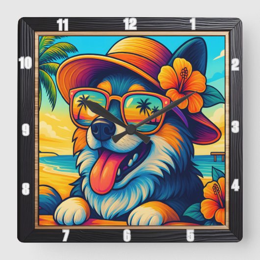 熱帯犬サングラス漫画 スクエア壁時計 (正面)