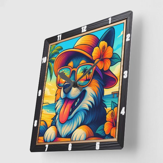 熱帯犬サングラス漫画 スクエア壁時計 (傾斜)