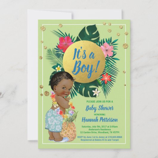 熱帯男の赤ちゃんカップルが緑の金ゴールドをシャワー 招待状 (正面)