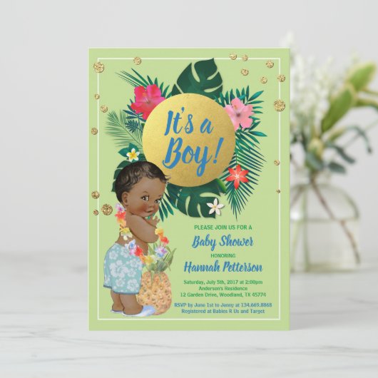 熱帯男の赤ちゃんカップルが緑の金ゴールドをシャワー 招待状 (スタンド正面)