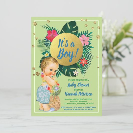 熱帯男の赤ちゃんカップルが緑の金ゴールドをシャワー 招待状 (スタンド正面)
