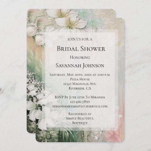 熱帯白い花ブライダルシャワー 招待状 (正面/裏面)