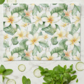 熱帯白フランギパニパターン(の模様が)ある花 キッチンタオル (折り畳み)