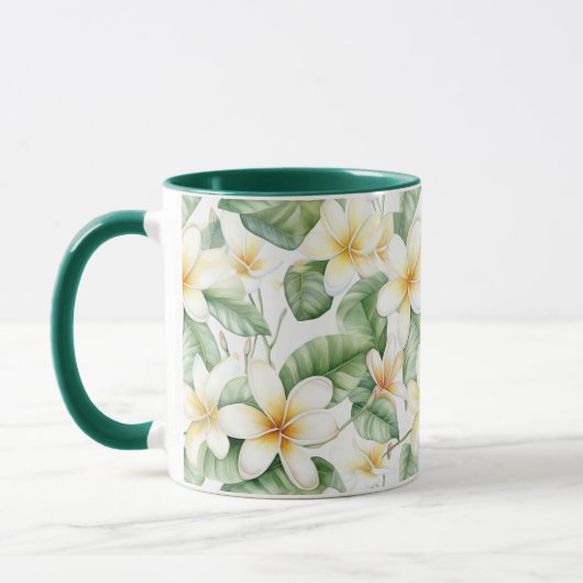熱帯白フランギパニパターン(の模様が)ある花 マグカップ (左)
