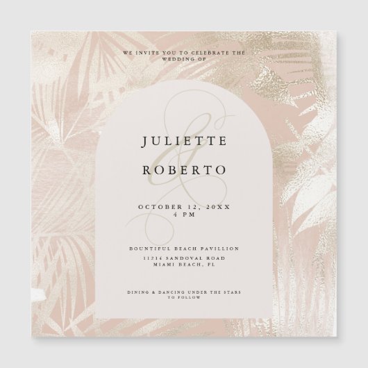 熱帯白/金ゴールドのヤシの葉の夏結婚の写真 マグネット招待状 (正面)