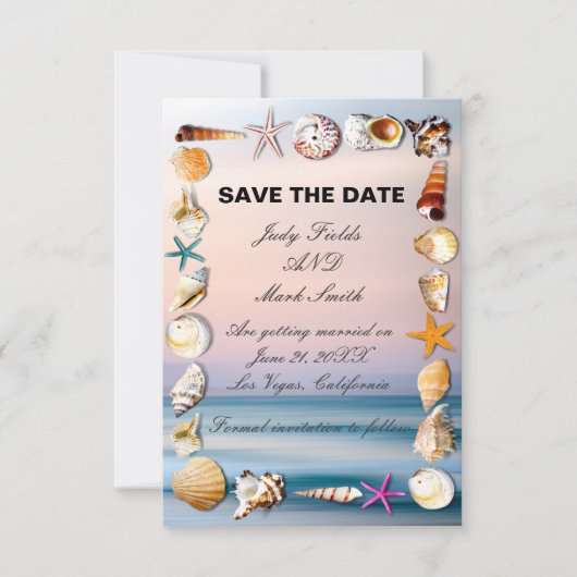 熱帯砂のビーチと貝殻が日付を保存 ノートカード (正面)