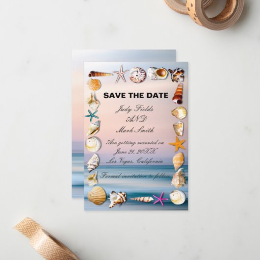 熱帯砂のビーチと貝殻が日付を保存 ノートカード (正面/裏面インサイチュ)