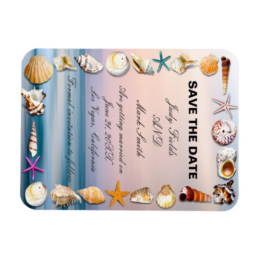 熱帯砂のビーチと貝殻が日付を保存 マグネット (横)