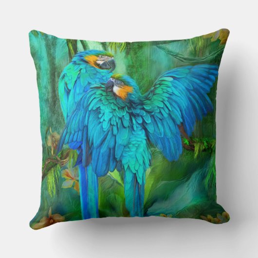 熱帯精神-金ゴールドおよび青いコンゴウインコの芸術の枕 クッション (裏面)