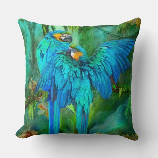 熱帯精神-金ゴールドおよび青いコンゴウインコの芸術の枕 クッション (正面)