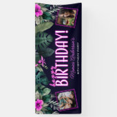 熱帯紅葉ピンクネオンハッピーバースデー写真 横断幕 (縦)