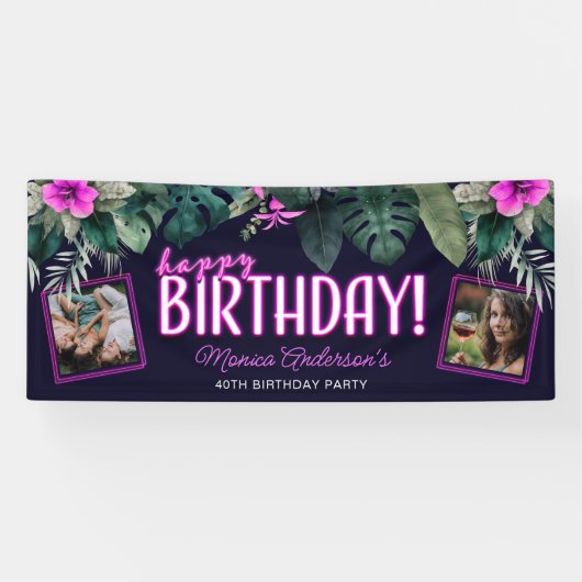 熱帯紅葉ピンクネオンハッピーバースデー写真 横断幕 (横)