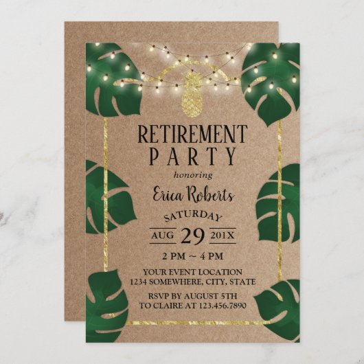 熱帯素朴金ゴールドパイナップルルアウ（ハワイ式宴会）退職 招待状 (正面/裏面)