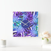 熱帯紫青モンステラの葉柄 スクエア壁時計 (ホーム)