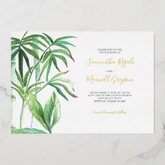 熱帯結婚テーマ緑 箔招待状 (正面)
