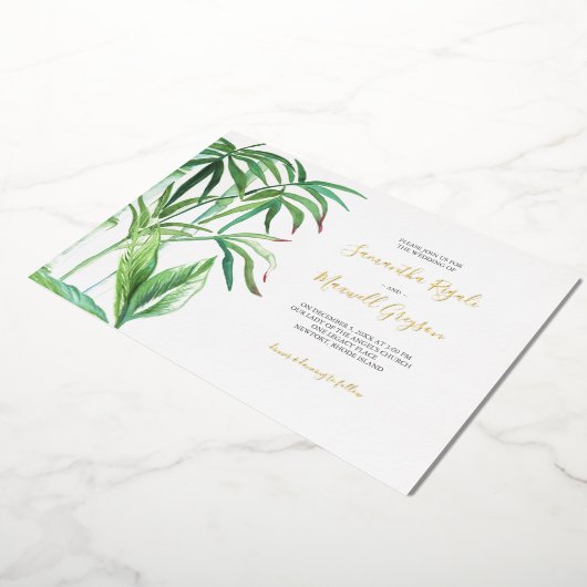 熱帯結婚テーマ緑 箔招待状 (回転した状態)