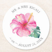 熱帯結婚ハイビスカス花 ラウンドペーパーコースター (正面)