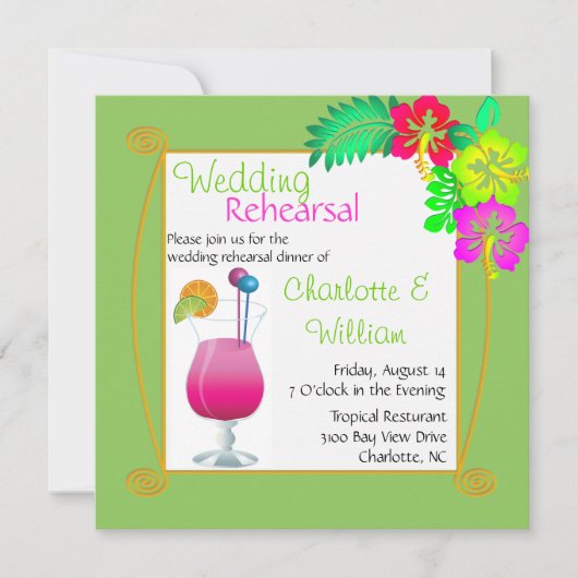 熱帯結婚式のリハーサルの夕食の招待状 招待状 (正面)