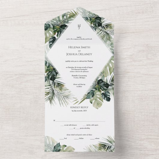 熱帯結婚式の招待、目的地の結婚式 オールインワン招待状 (内側)
