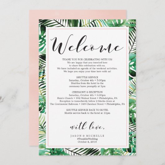 熱帯結婚式の旅程の歓迎の手紙 招待状 (正面/裏面)