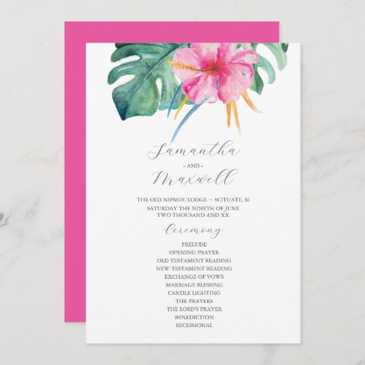 熱帯結婚式 プログラムピンクの花 招待状 (正面/裏面)