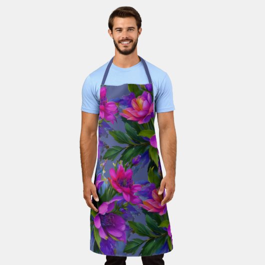 熱帯絵画の花が鮮やかな色 エプロン (着用した状態)