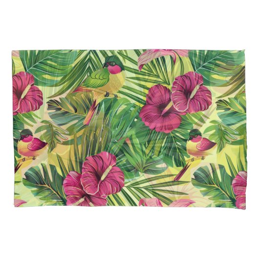 熱帯緑と夏の花模様 枕カバー (正面)