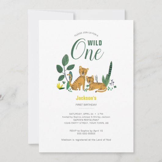 熱帯緑のジャングルボーイタイガーストライプの動物 招待状 (正面)