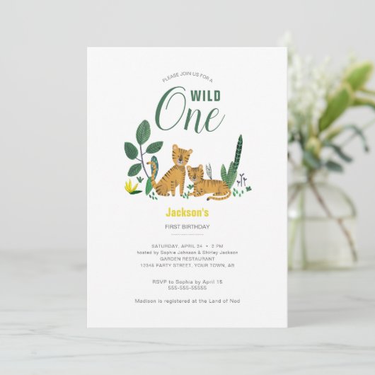 熱帯緑のジャングルボーイタイガーストライプの動物 招待状 (スタンド正面)