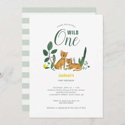 熱帯緑のジャングルボーイタイガーストライプの動物 招待状 (正面/裏面)